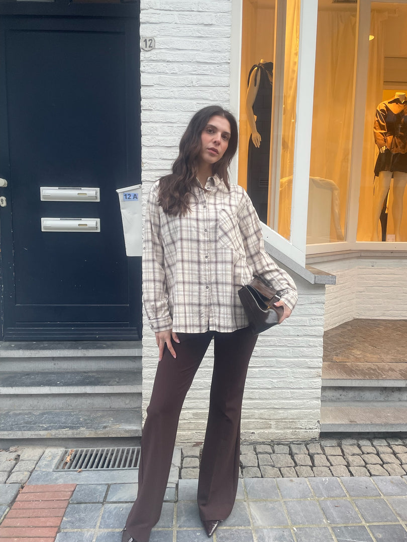 Plaid Oversized Shirt - Ecru/Brown