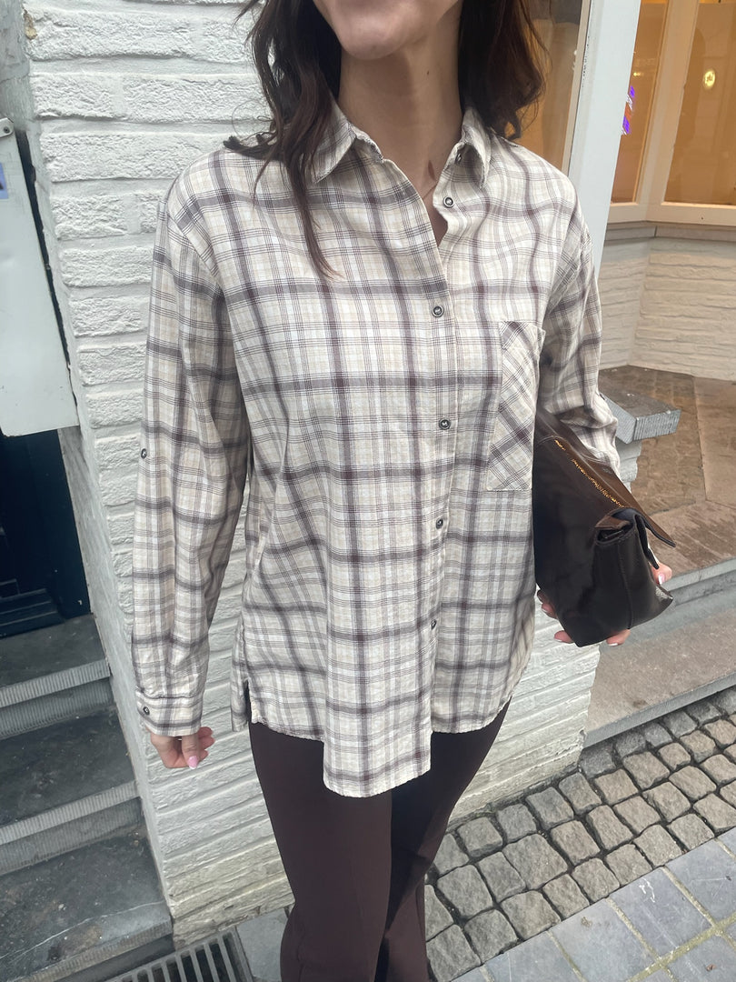 Plaid Oversized Shirt - Ecru/Brown