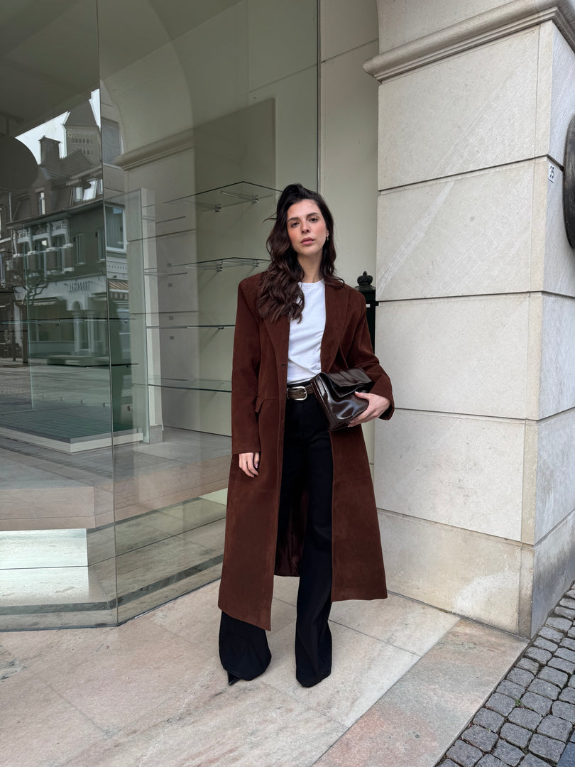 Long Faux Suede Trench Coat