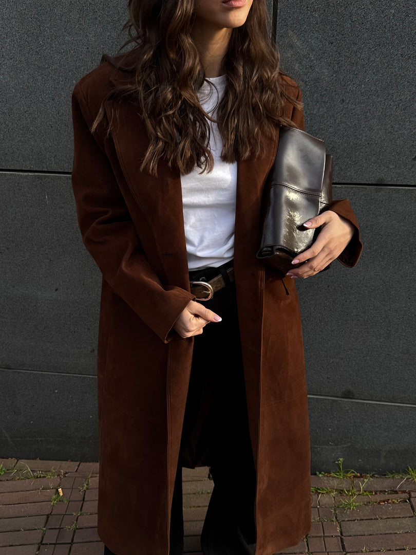 Long Faux Suede Trench Coat