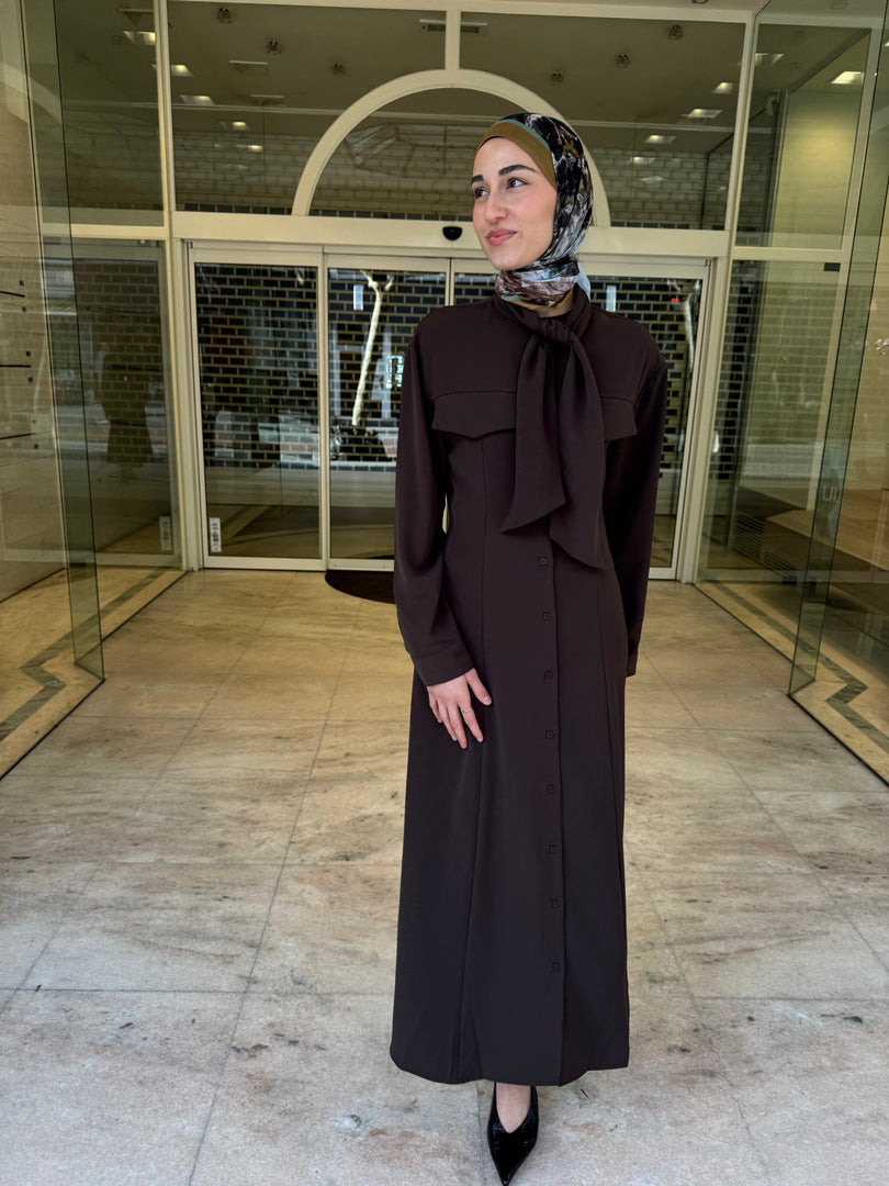 Tailored Scarf Detail Dress – Brown