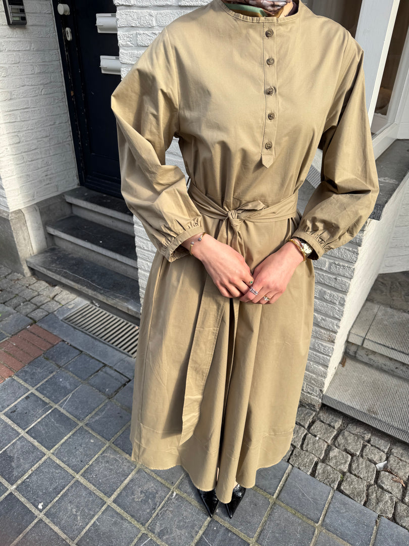 Tie Waist Cotton Dress – Khaki
