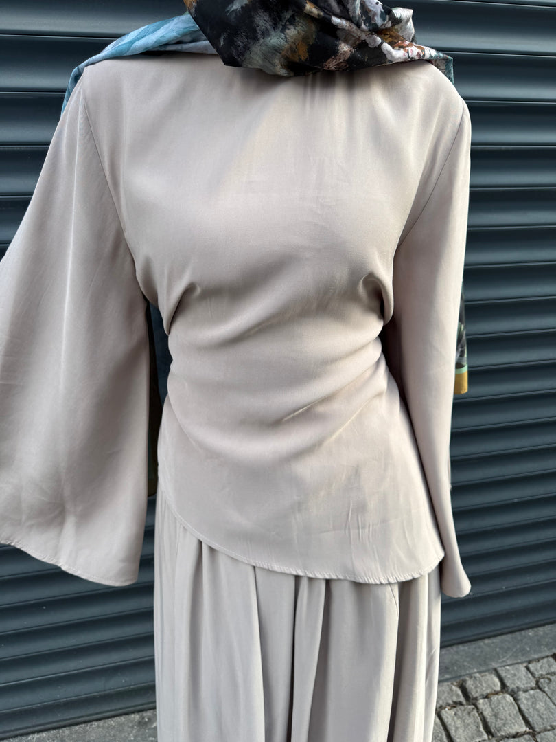 Asymmetric Tie Back Blouse – Beige