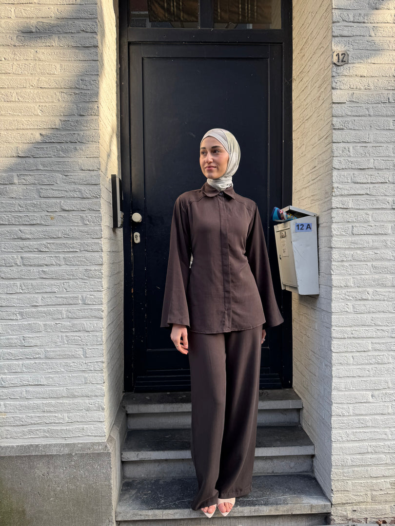 Belted Wide Sleeve Set – Brown