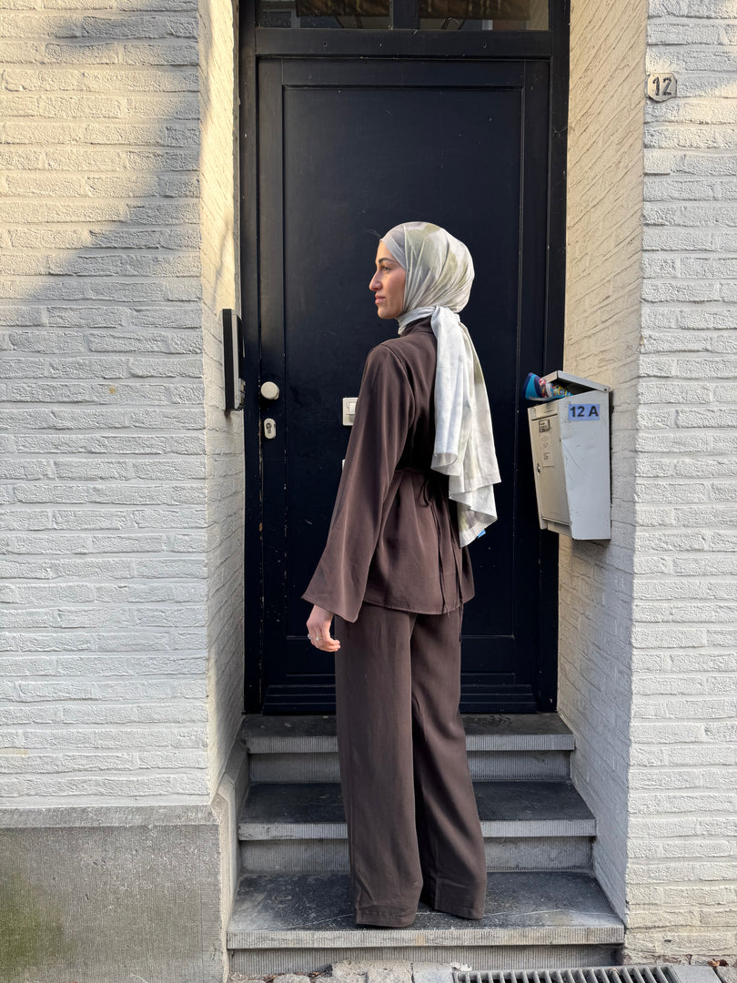 Belted Wide Sleeve Set – Brown