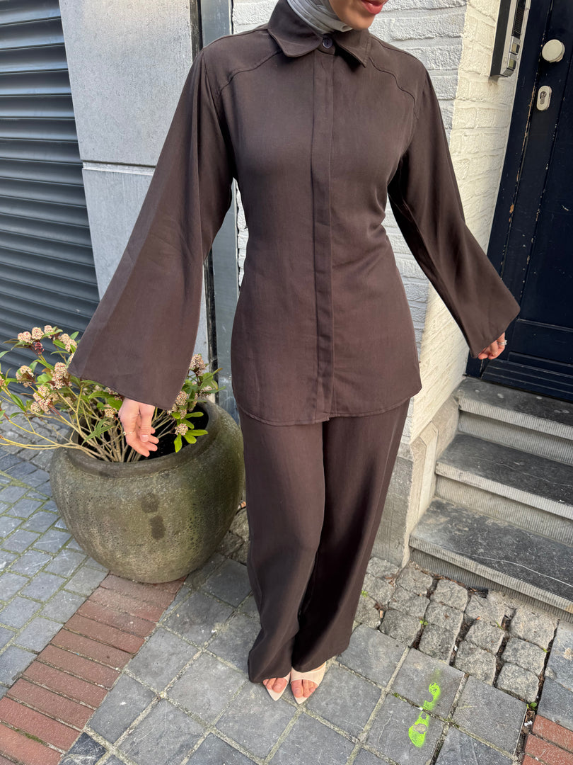 Belted Wide Sleeve Set – Brown