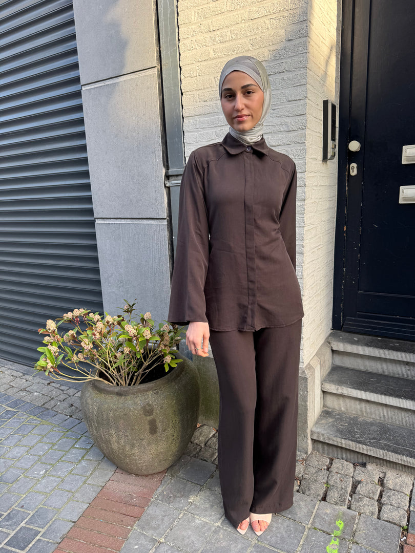 Belted Wide Sleeve Set – Brown