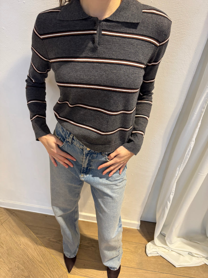 Striped Polo Knit – Charcoal