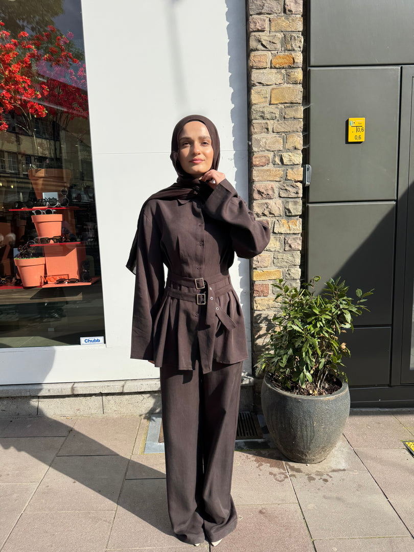 Brown Belted Tailored Set