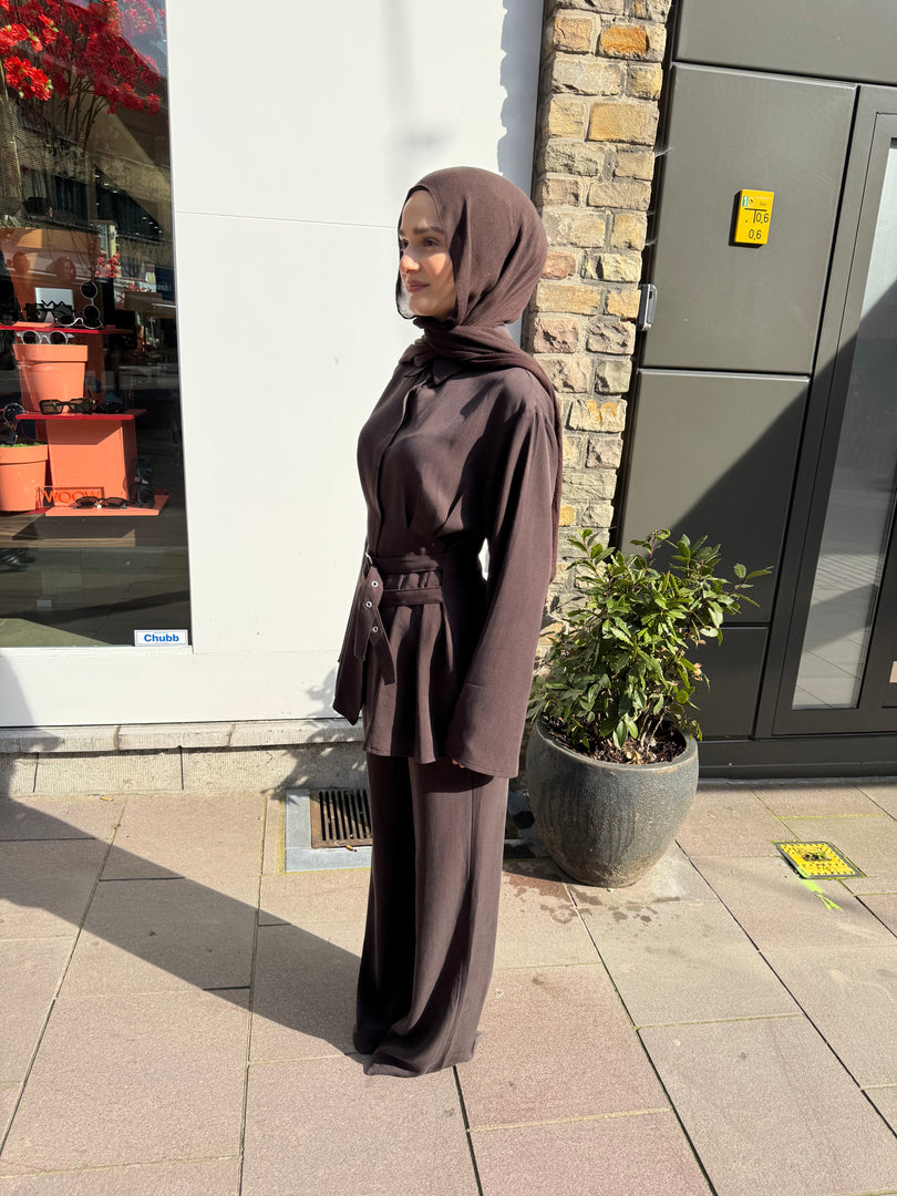 Brown Belted Tailored Set