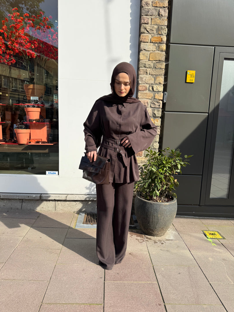 Brown Belted Tailored Set