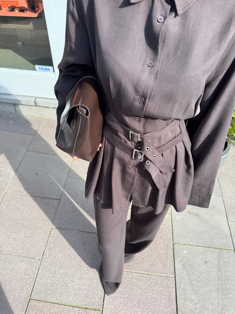 Brown Belted Tailored Set