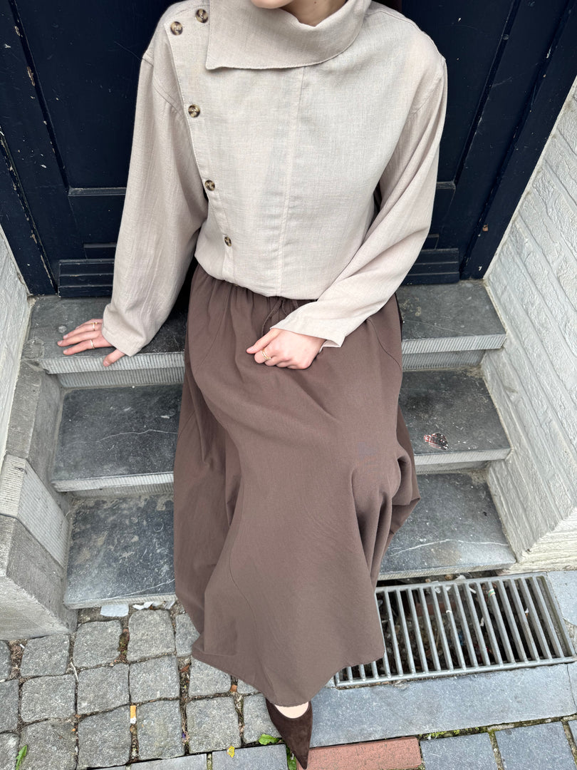 High Neck Linen Blend Blouse