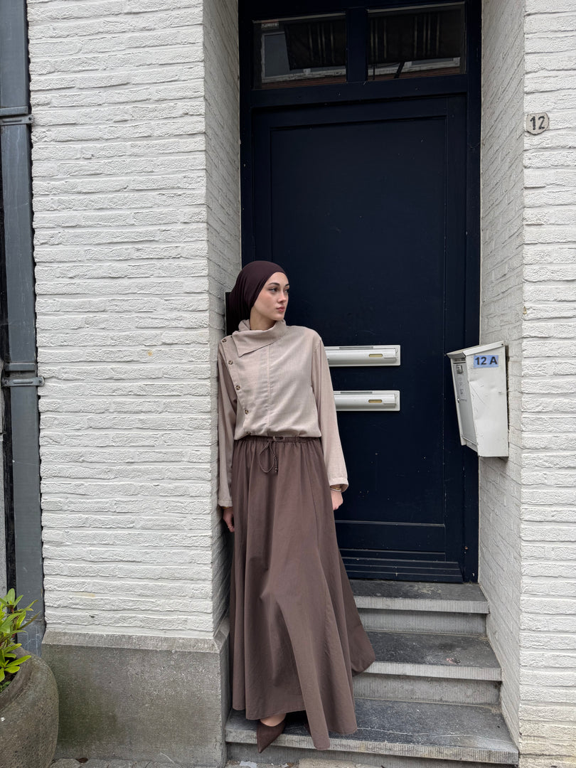 High Neck Linen Blend Blouse