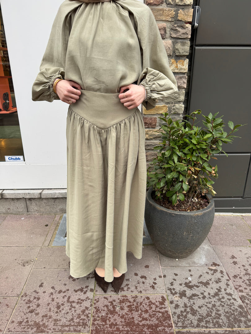 Tencel Gathered Blouse & Maxi Skirt Set - Olive green