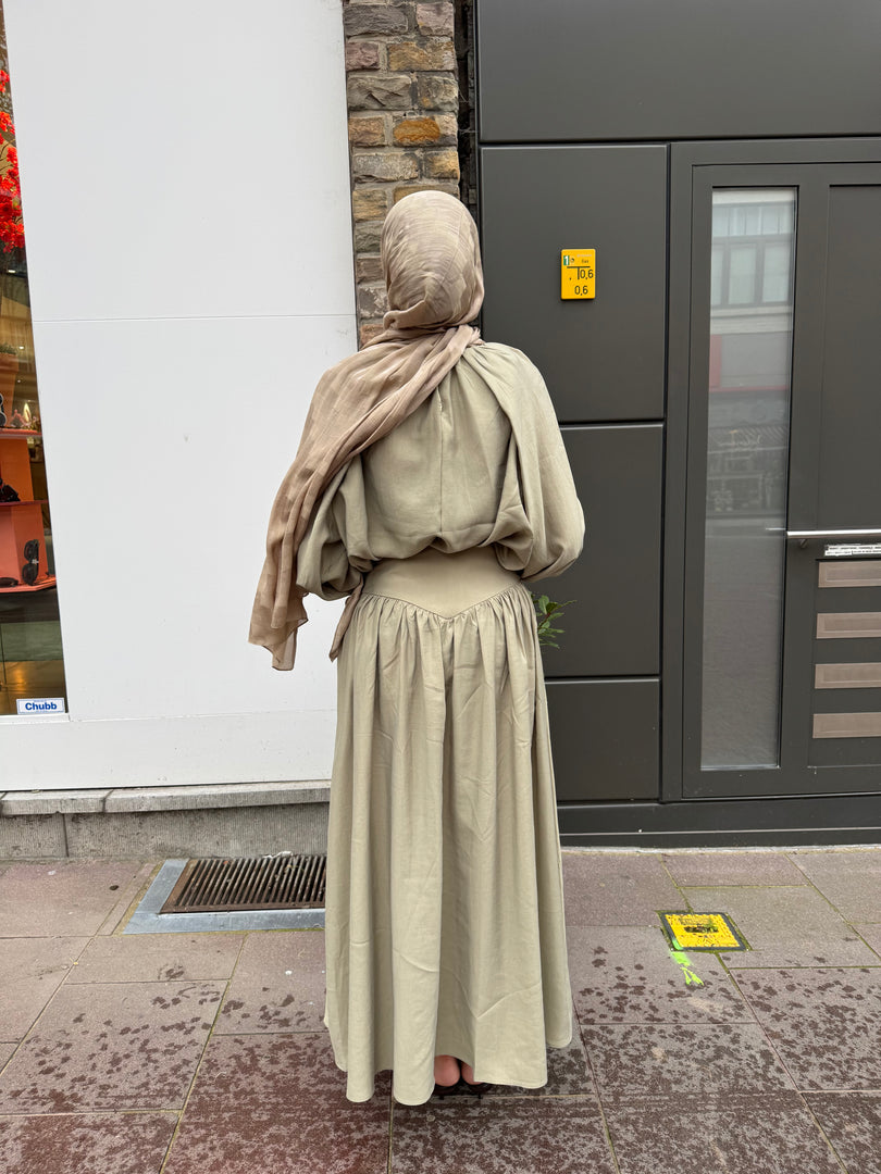 Tencel Gathered Blouse & Maxi Skirt Set - Olive green
