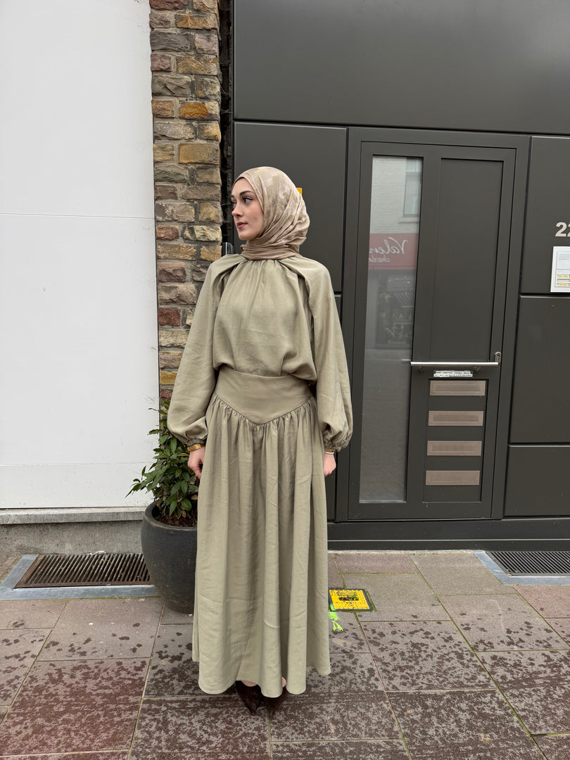 Tencel Gathered Blouse & Maxi Skirt Set - Olive green