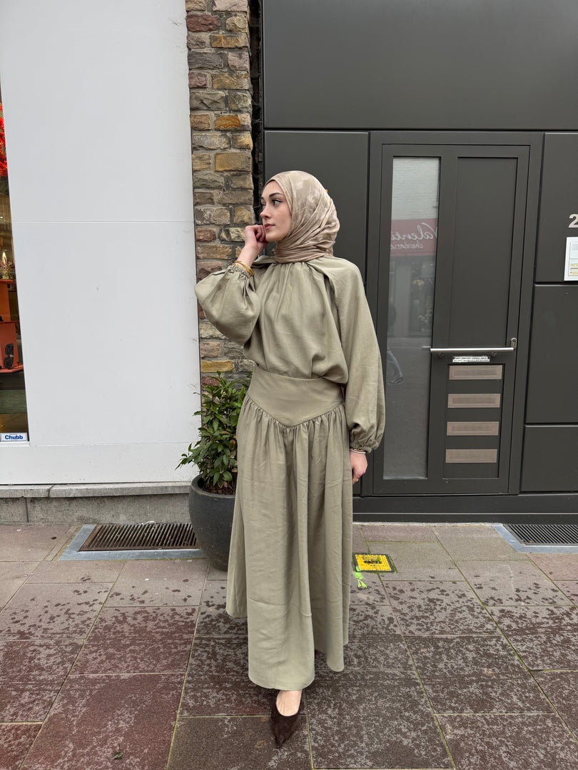 Tencel Gathered Blouse & Maxi Skirt Set - Olive green