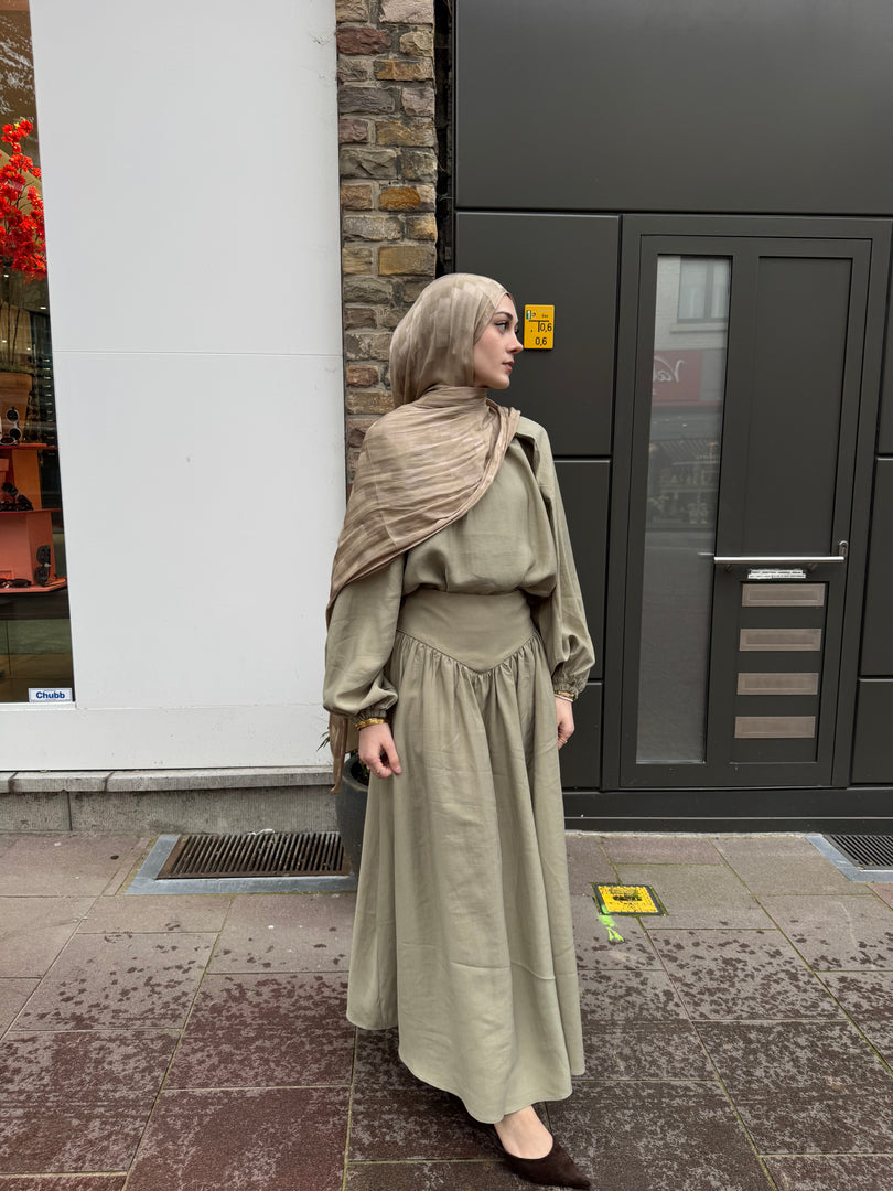 Tencel Gathered Blouse & Maxi Skirt Set - Olive green