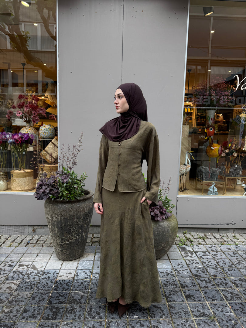 Tie-Back Blouse & Maxi Skirt Set – Olive
