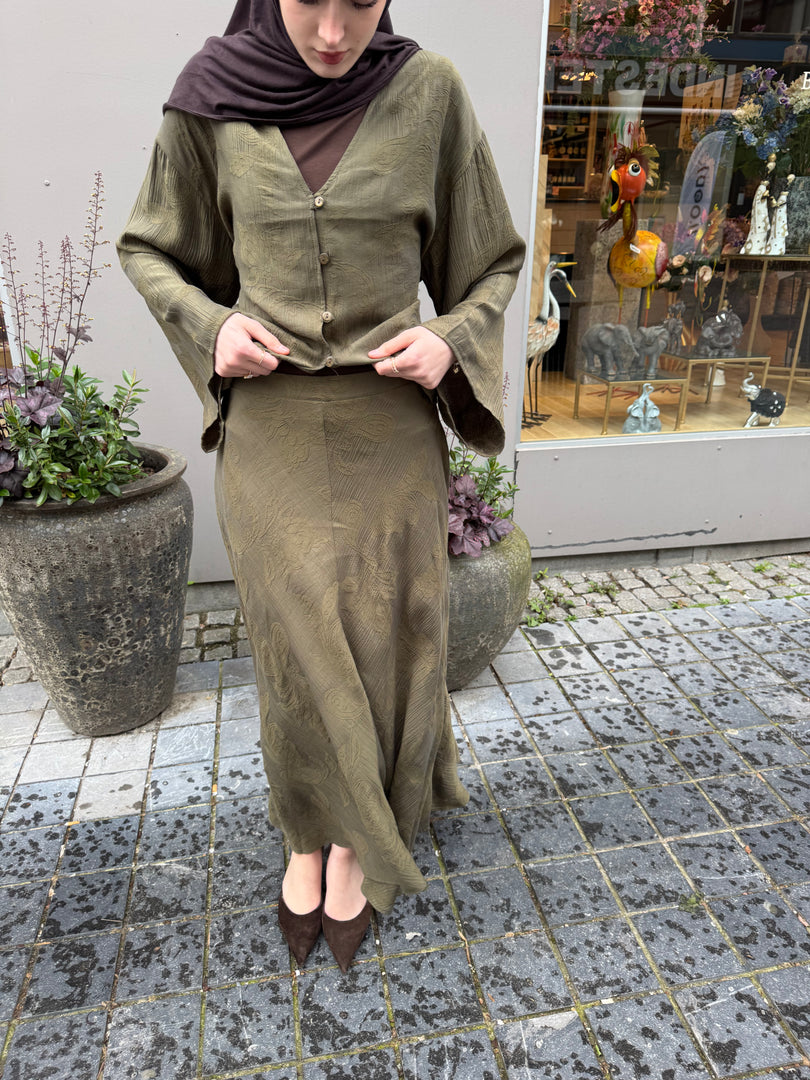 Tie-Back Blouse & Maxi Skirt Set – Olive