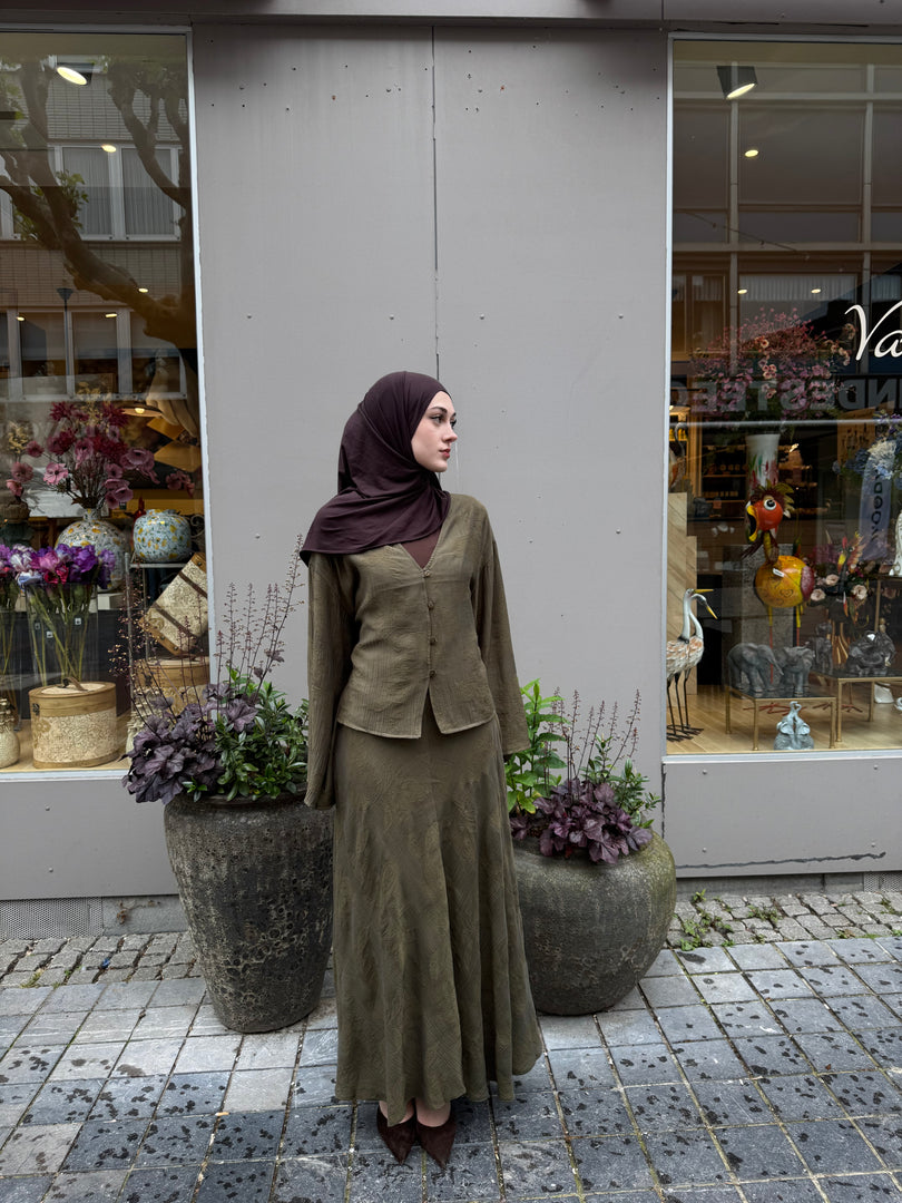 Tie-Back Blouse & Maxi Skirt Set – Olive