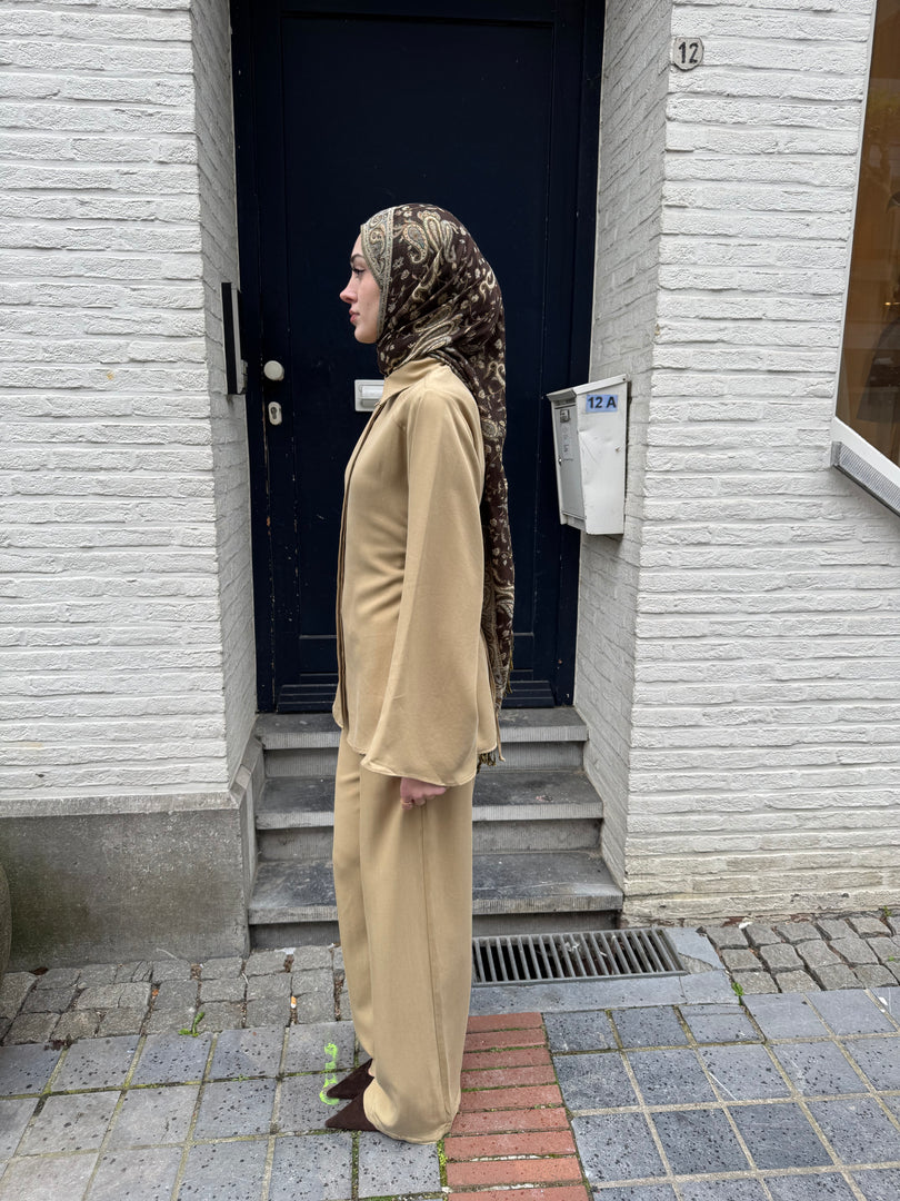 Tailored Viscose Shirt & Wide Leg Trouser Set – Sand