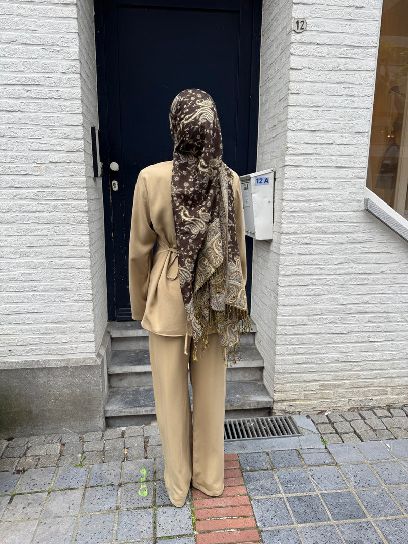 Tailored Viscose Shirt & Wide Leg Trouser Set – Sand