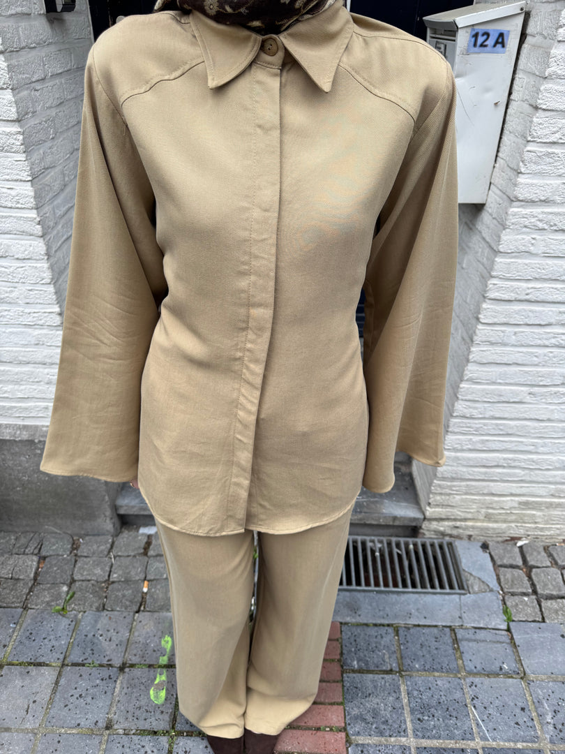 Tailored Viscose Shirt & Wide Leg Trouser Set – Sand