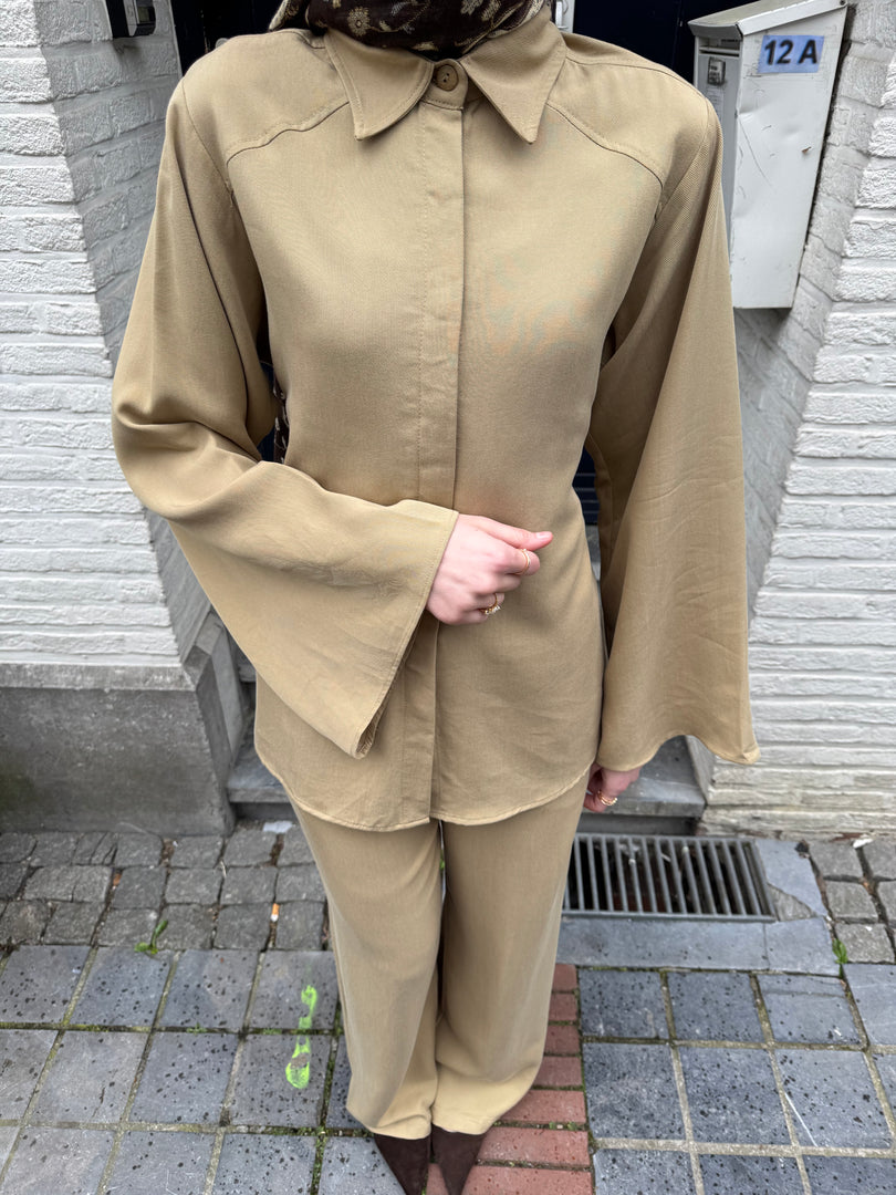 Tailored Viscose Shirt & Wide Leg Trouser Set – Sand
