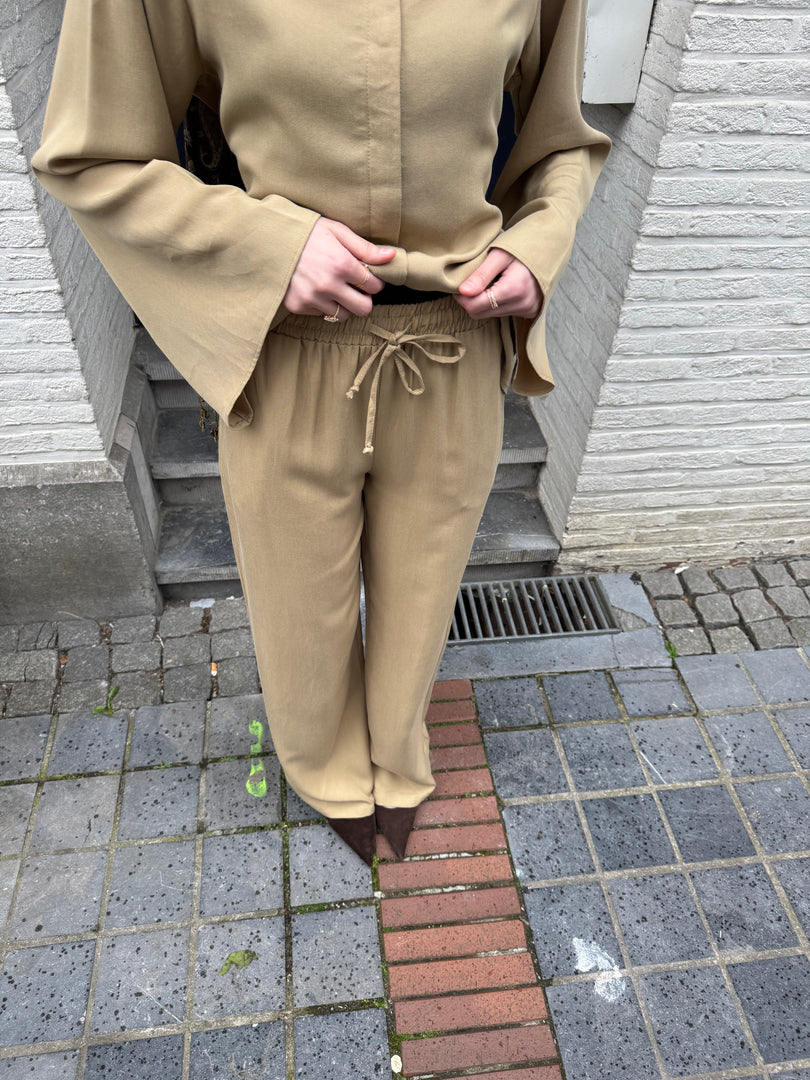 Tailored Viscose Shirt & Wide Leg Trouser Set – Sand