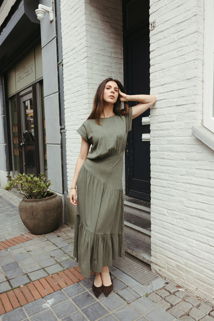 Fitted Waist Linen Maxi Dress – Olive