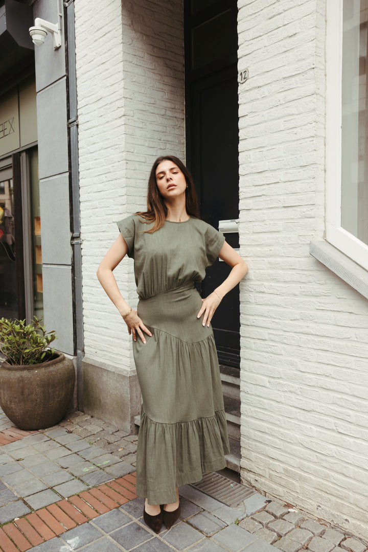 Fitted Waist Linen Maxi Dress – Olive