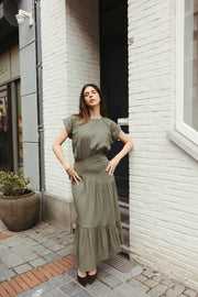 Fitted Waist Linen Maxi Dress – Olive