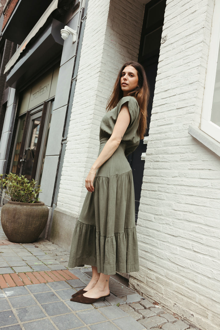 Fitted Waist Linen Maxi Dress – Olive