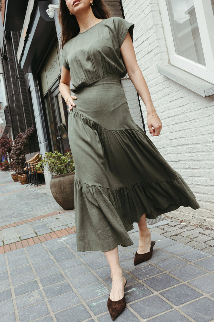 Fitted Waist Linen Maxi Dress – Olive