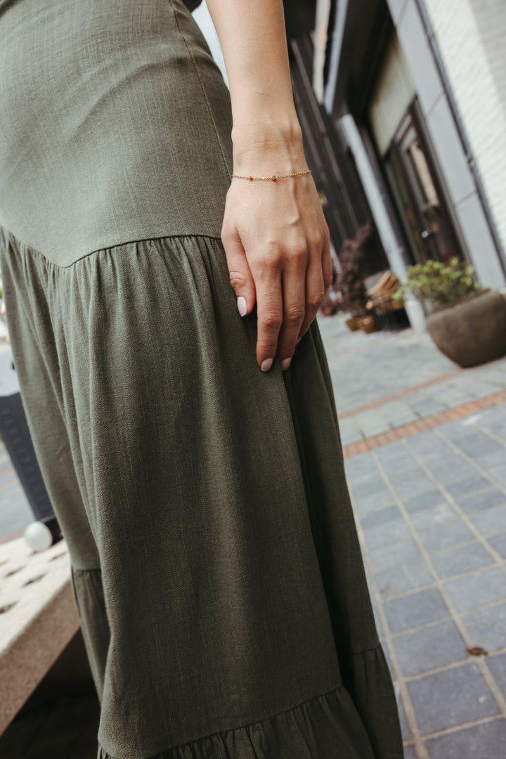 Fitted Waist Linen Maxi Dress – Olive