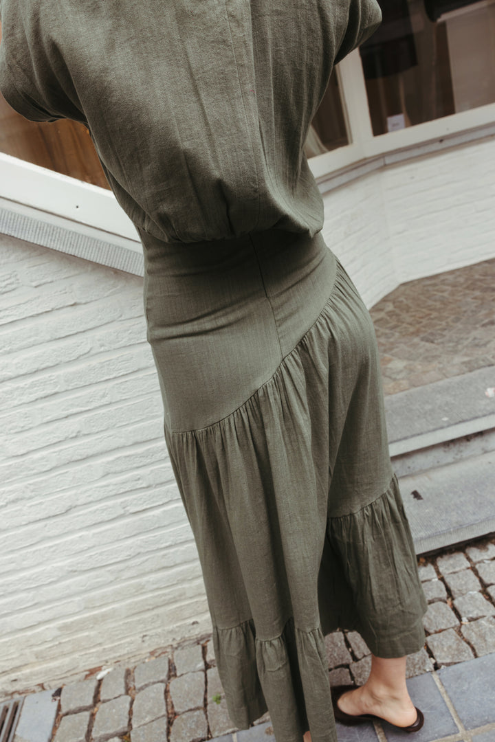 Fitted Waist Linen Maxi Dress – Olive