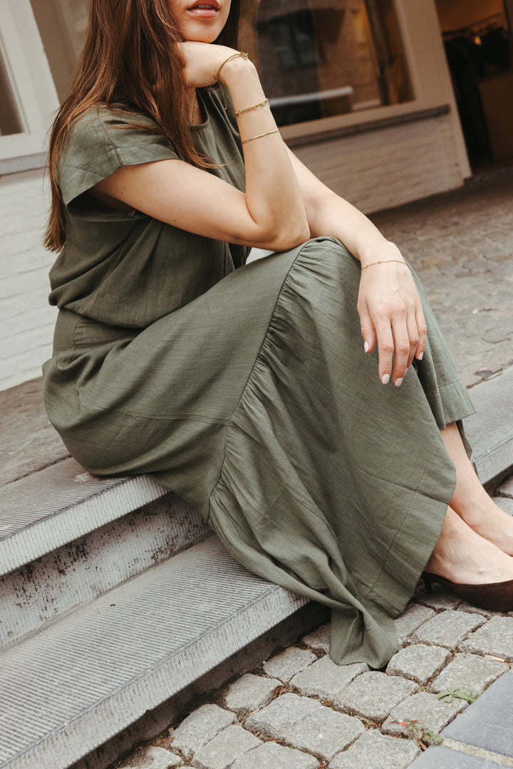 Fitted Waist Linen Maxi Dress – Olive