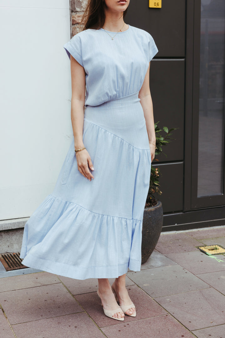 Fitted Waist Linen Maxi Dress – Baby Blue
