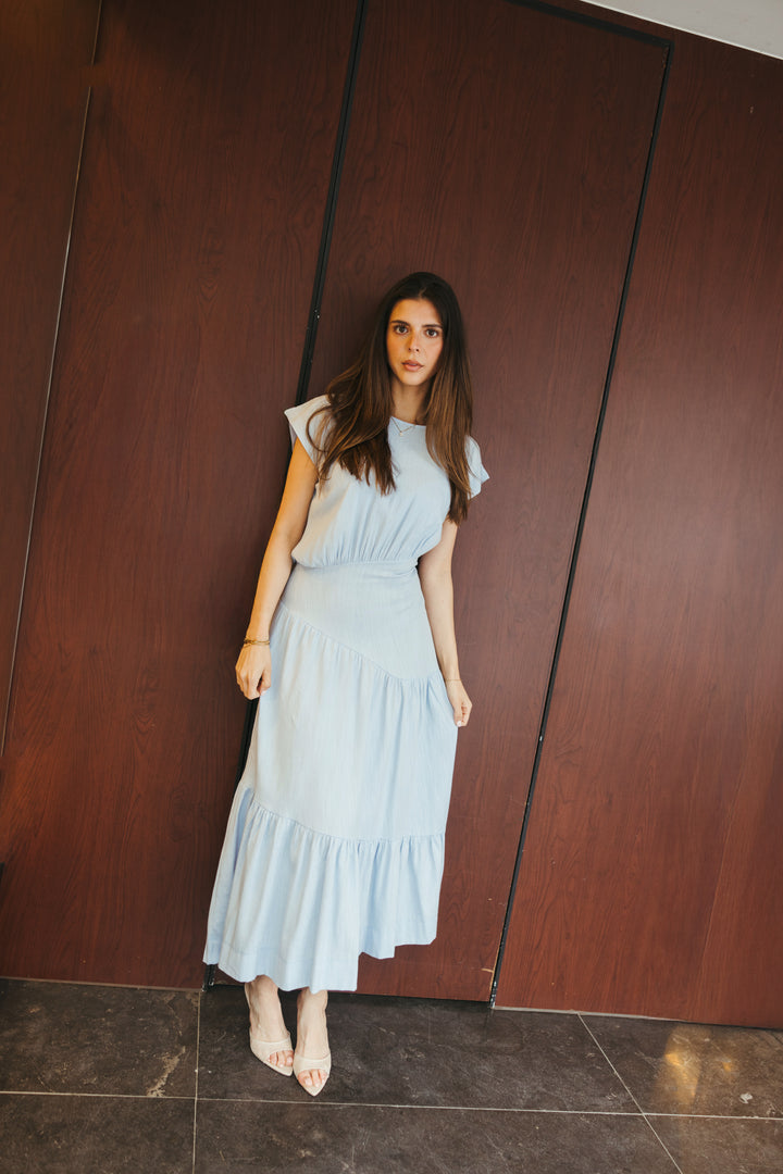 Fitted Waist Linen Maxi Dress – Baby Blue