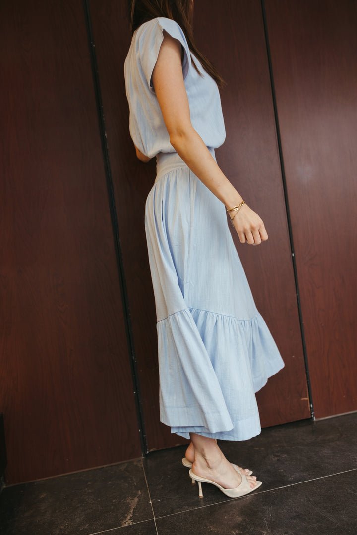 Fitted Waist Linen Maxi Dress – Baby Blue