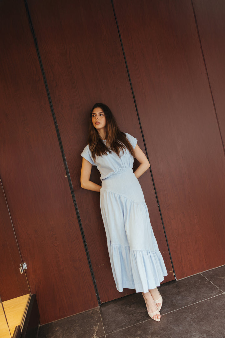 Fitted Waist Linen Maxi Dress – Baby Blue