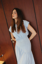 Load image into Gallery viewer, Fitted Waist Linen Maxi Dress – Baby Blue