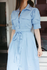 Load image into Gallery viewer, Belted Shirt Midi Dress – Baby Blue