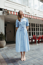 Load image into Gallery viewer, Belted Shirt Midi Dress – Baby Blue