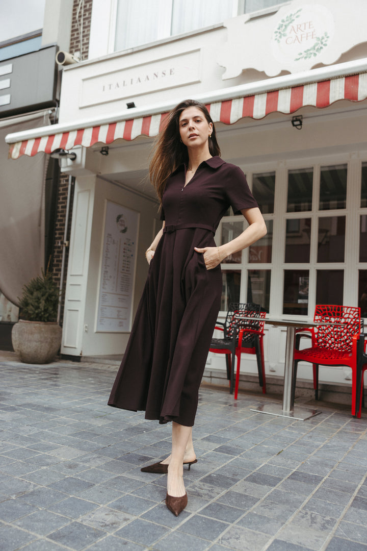 Belted A-Line Midi Dress – Plum