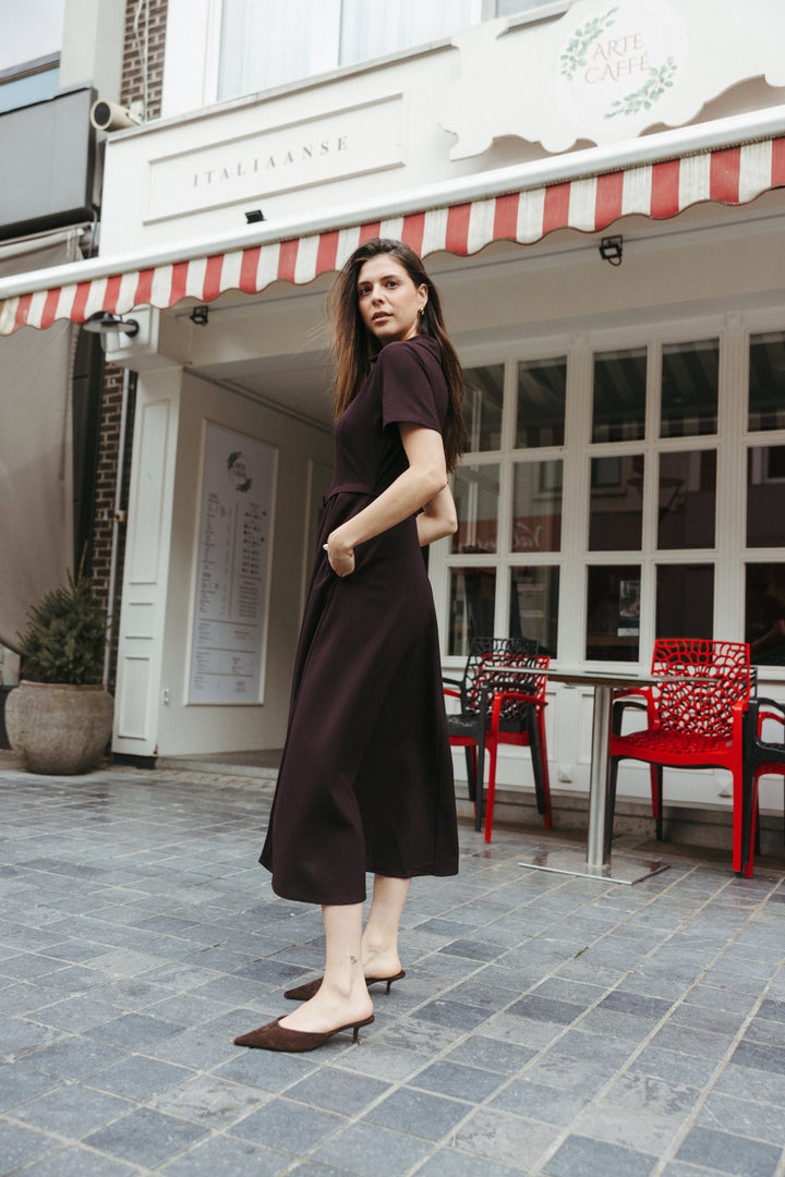Belted A-Line Midi Dress – Plum
