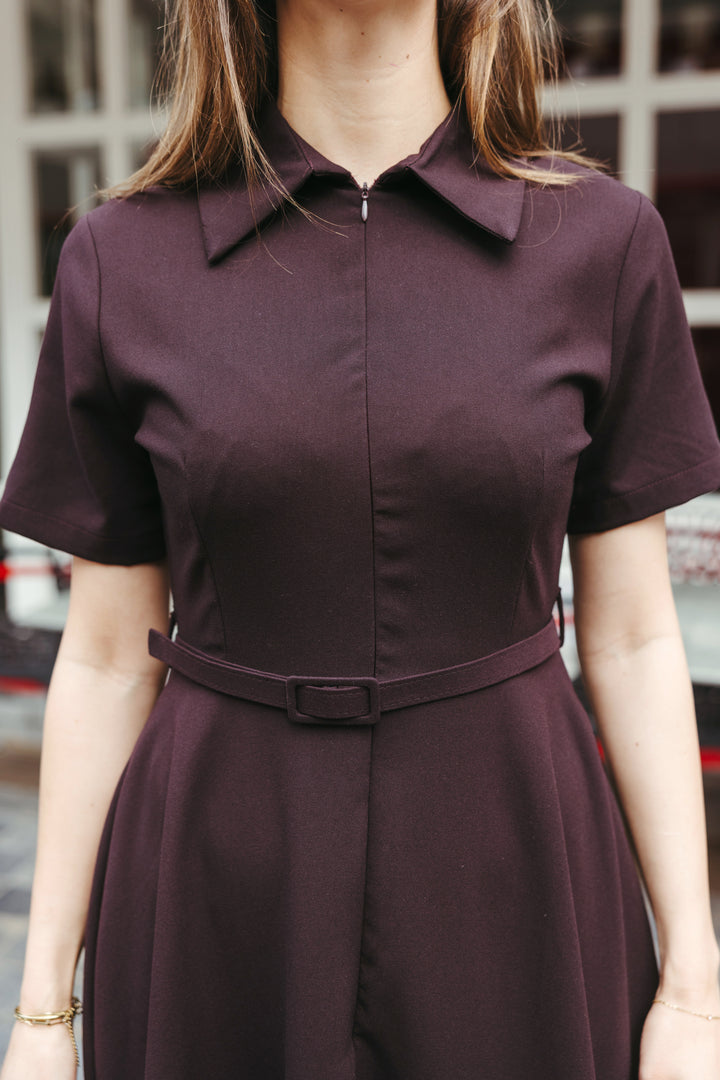 Belted A-Line Midi Dress – Plum