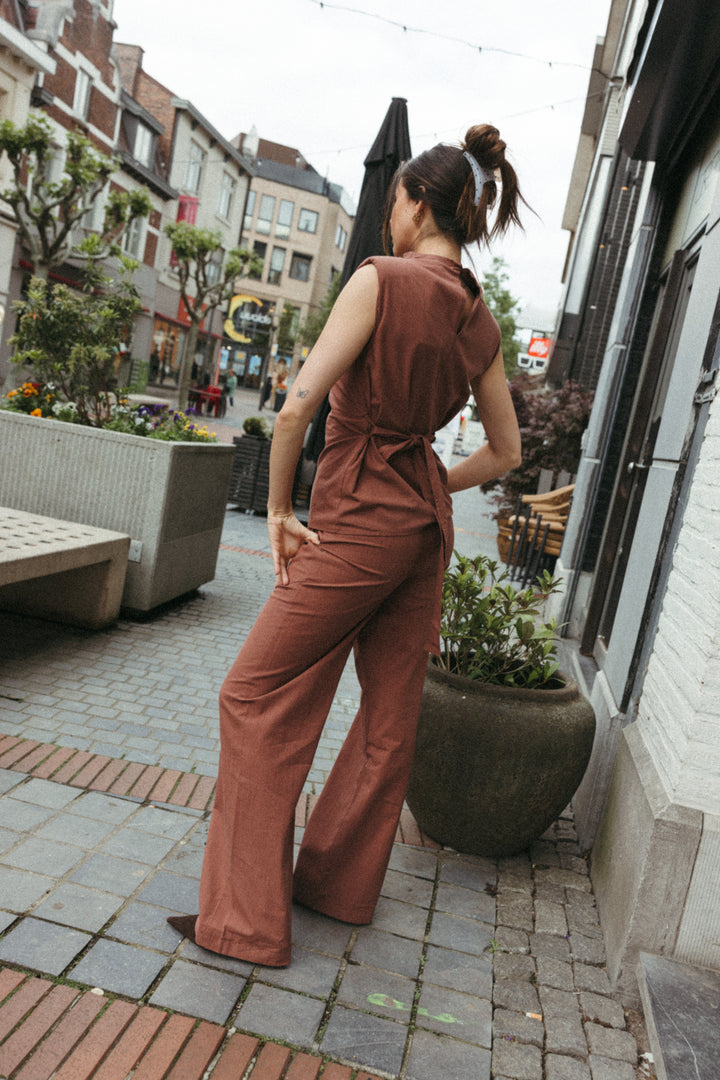 Sleeveless Cotton Top & Wide Leg Trouser Set – Terracotta